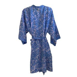 Blue Ginger Womens Robe One Size Floral Lounge Pockets Belt Pure Cotton